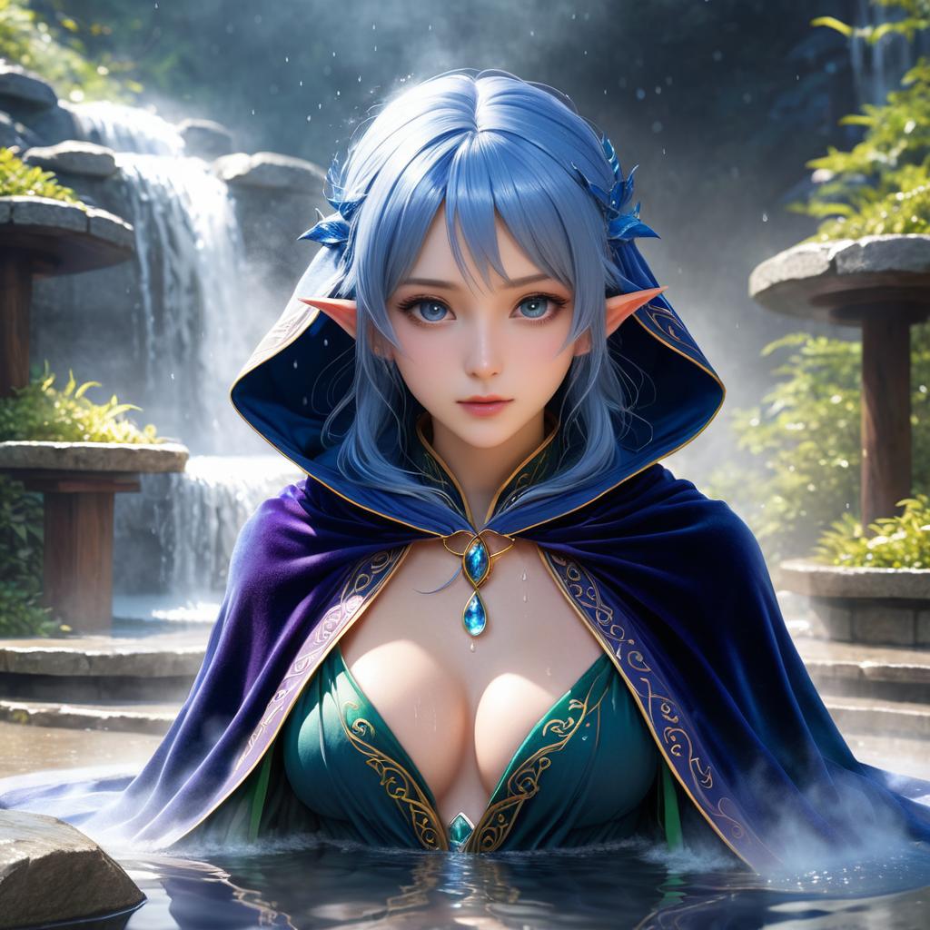 Sultry Elf Mage in Hot Spring Art