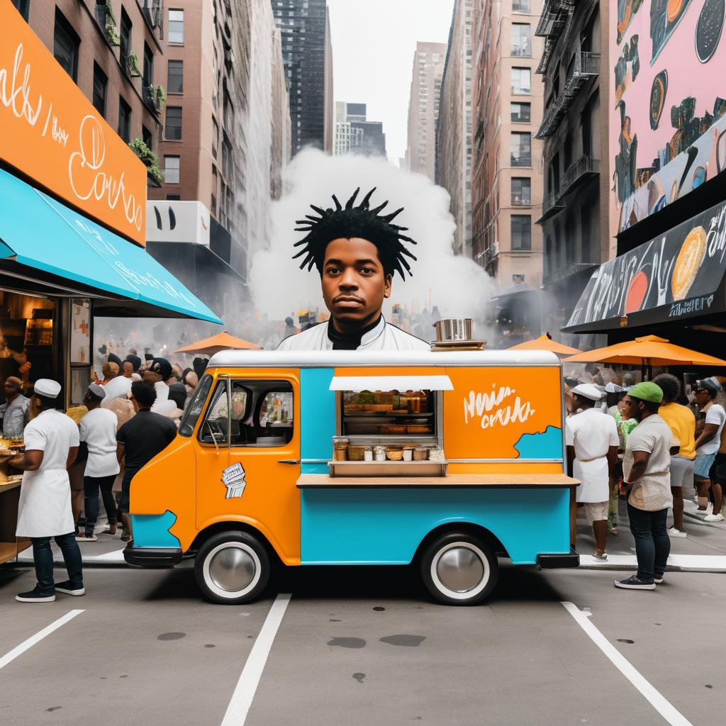 Flying Food Truck Chef in Urban Scene