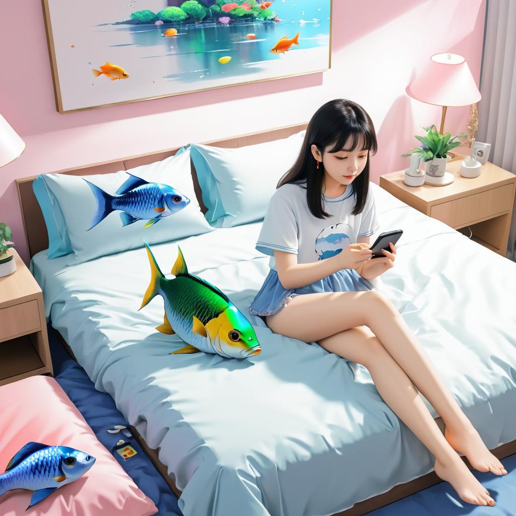 Anime Girl with Pets and Phone