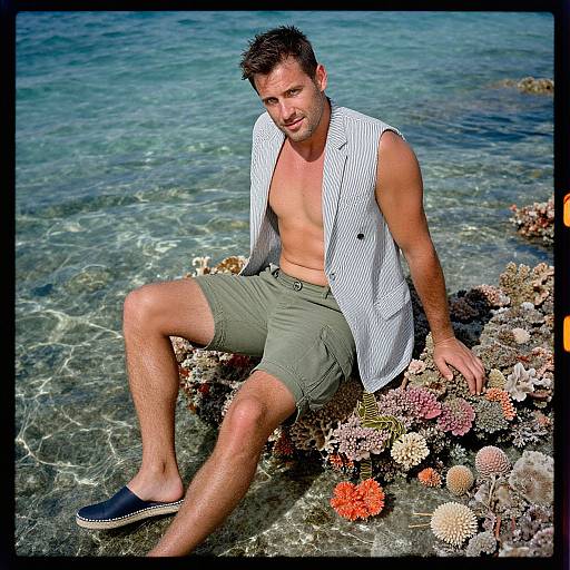 Photograph of a shirtless, muscular man with short brown hair, wearing green shorts, a white sleeveless shirt, and black slip-on shoes,