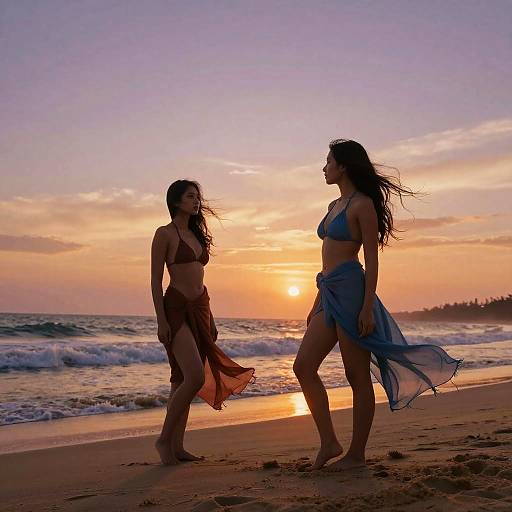 Photograph of two women in bikinis and flowing skirts walking on a beach at sunset, silhouetted against a colorful sky.