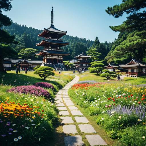 Japanese Pagoda with Flower Meadow and Path