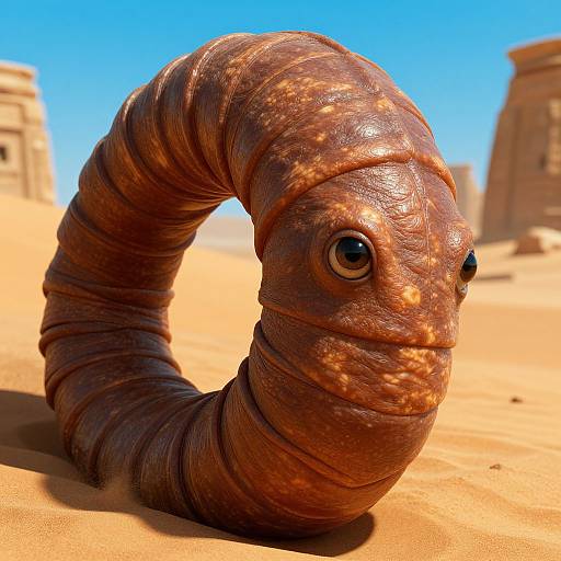 CGI image of a large, brown, segmented, snake-like creature with shiny, textured skin and large, black eyes in a sunny desert with ancient