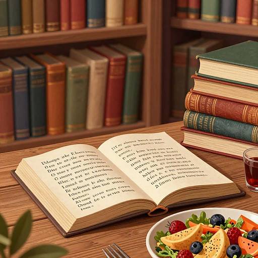 Photograph of an open book on a wooden table, surrounded by stacked books, fruit salad, and a glass of tea in a cozy library.