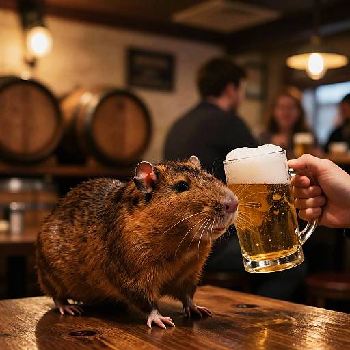 Photorealistic Rat Drinking Beer in Rustic Pub