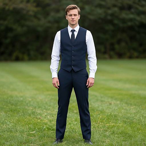 Photograph of a young, white man with short brown hair, standing on a grassy field, wearing a white shirt, black vest, black tie