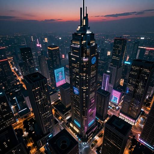 Aerial photograph of a bustling city at dusk, featuring illuminated skyscrapers with vibrant neon signs, against a purple and orange twilight sky.