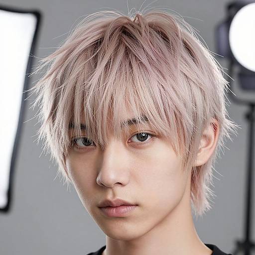 Photograph of a young, androgynous person with pale pink, shaggy, short hair, neutral expression, light skin, and black