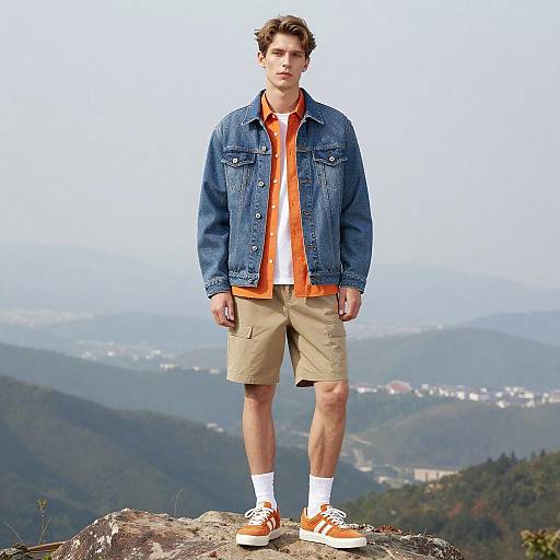 Young Man in Denim Jacket and Orange Sneakers Outdoors