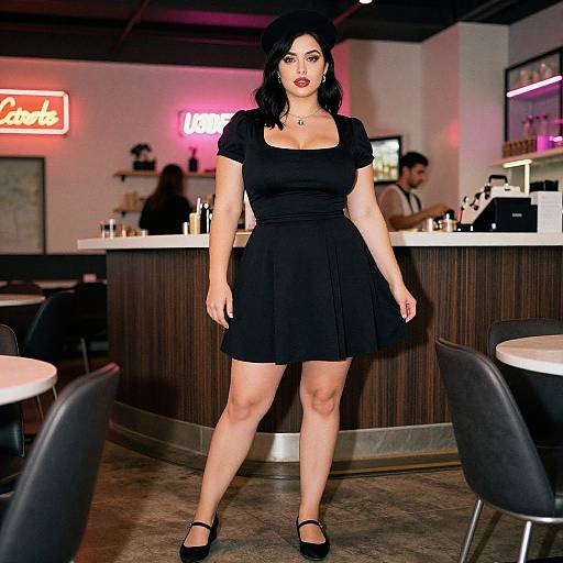 Photograph of a curvy woman with pale skin, black wavy hair, red lipstick, black dress, and black heels, standing in a dim