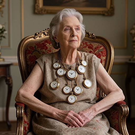 Elderly woman with white hair, wearing a beige dress and large clock necklace, seated on ornate red and gold armchair in elegant room.