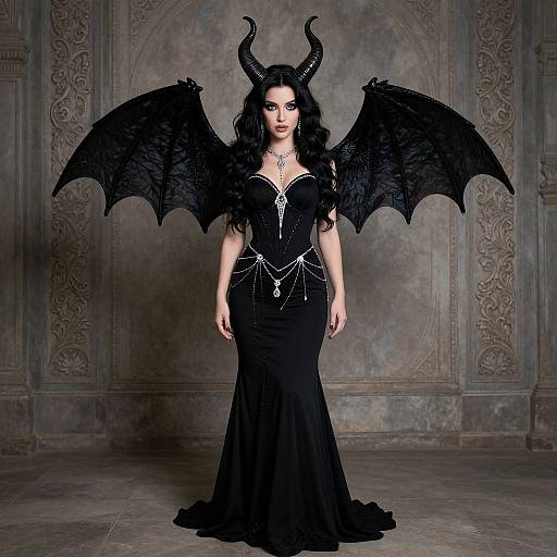 Photograph of a pale-skinned woman with black curly hair, black horns, bat wings, and a black lace gown, standing in a Gothic-style
