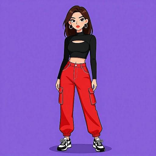 Digital illustration of a young woman with brown hair, wearing a black long-sleeve crop top, red cargo pants, and black sneakers, standing against