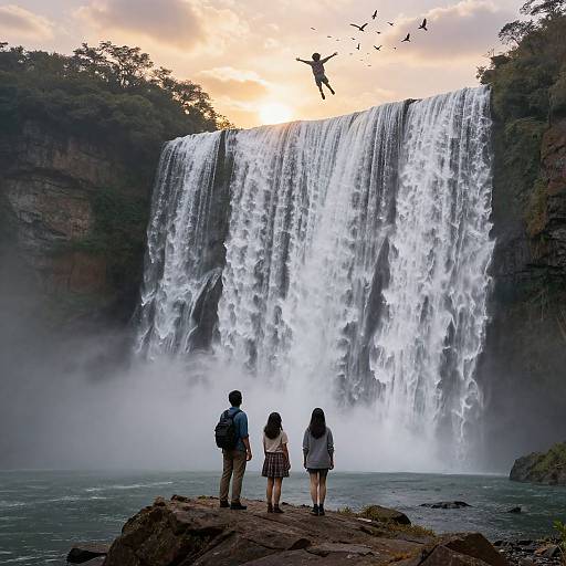 Photograph of two children and a person jumping off a large waterfall at sunset, surrounded by lush greenery and flying birds.