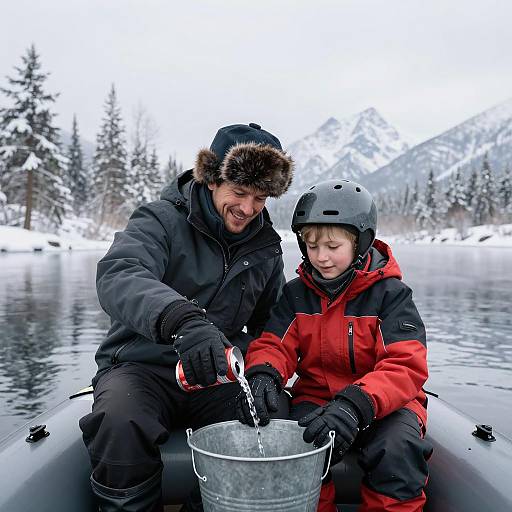 Father and Son Ice Fishing on Snowy Lake