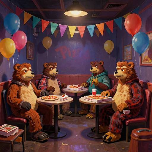 Anthropomorphic bears in a colorful diner, eating pizza at tables with balloons and bunting, wearing casual clothes, under a warm light. Digital art
