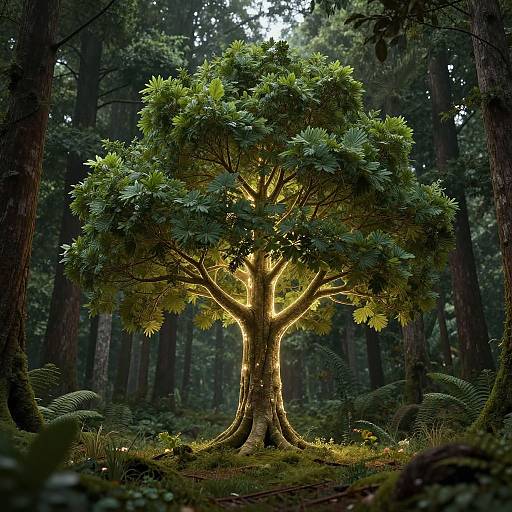 Photograph of a magical forest tree with glowing, golden light emanating from its trunk, surrounded by lush greenery and ferns.