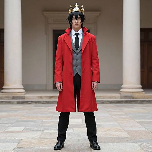 Photograph of a young man with black hair, wearing a gold crown, red coat, gray vest, black tie, black pants, and black shoes