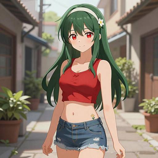 Anime Girl in Red Crop Top and Denim Shorts