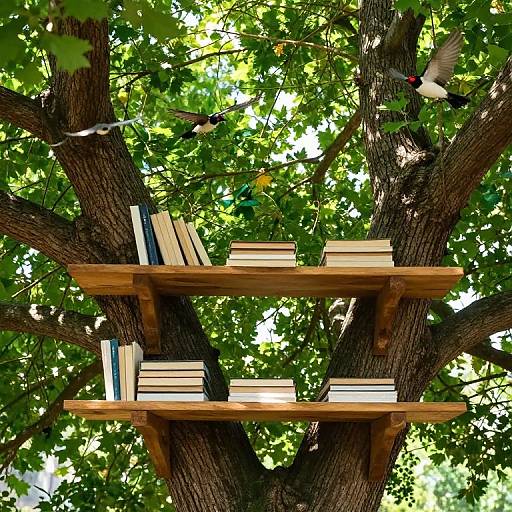 Photograph of two wooden bookshelves mounted on a large tree trunk, filled with books, surrounded by lush green leaves, with birds in flight.