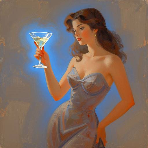 Digital painting of a glamorous woman with long brown hair, wearing a strapless blue dress, holding a glowing martini glass against a blue-gray background.