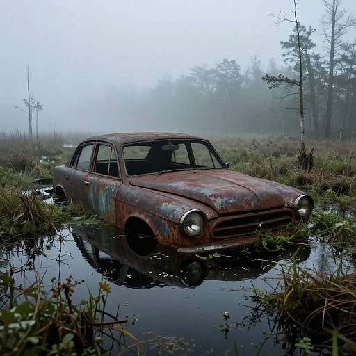 Photograph of a rusted, abandoned car partially submerged in a muddy, foggy forest pond, surrounded by overgrown grass and sparse trees.