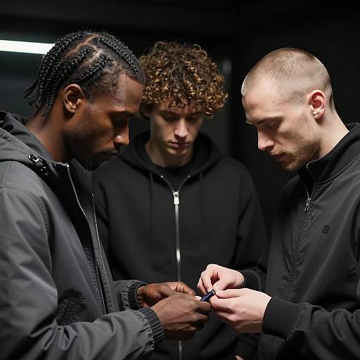 Three Men Interacting in Dim Indoor Setting