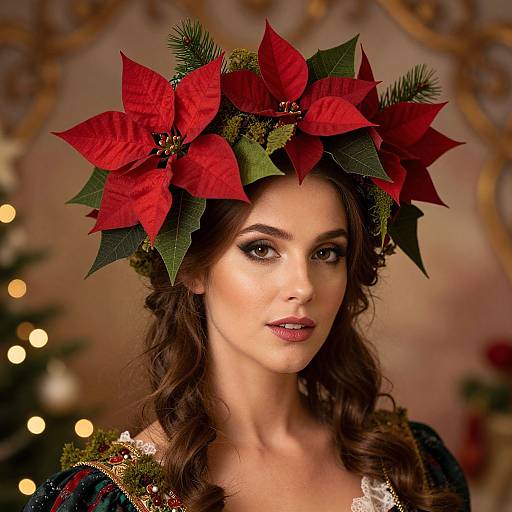 Photograph of a fair-skinned woman with wavy brown hair, wearing a red poinsettia and green pine leaf crown, decorated Christmas garment