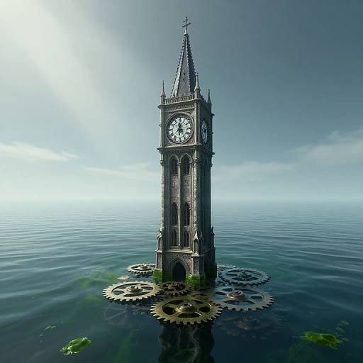 Surreal Gothic Clock Tower on Lake