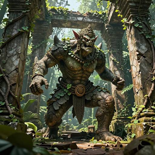 Digital art of a muscular, green-scaled, orc-like creature with sharp horns, wearing leafy armor, standing in a ruined, jungle-covered temple