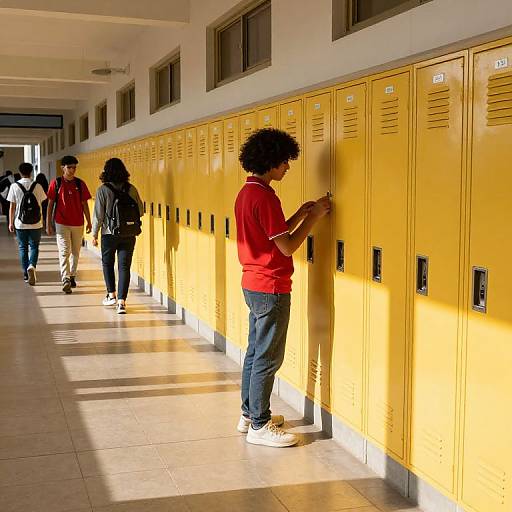 Photograph of a sunlit school hallway with yellow lockers; three African-American students in red shirts, blue jeans, and white sneakers stand in line