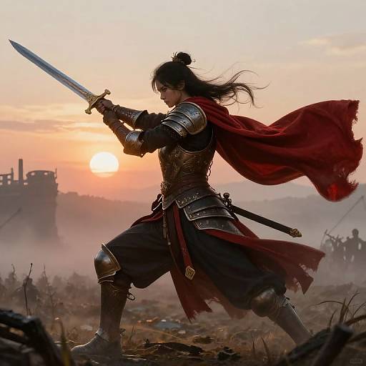 Digital artwork of a fierce warrior with long black hair, red cape, and silver armor, holding a sword, at sunset, amidst a battle-scar