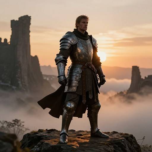 Photorealistic CGI of a muscular man in medieval silver armor standing on a rocky cliff at sunset, with misty mountains and castle ruins in the background