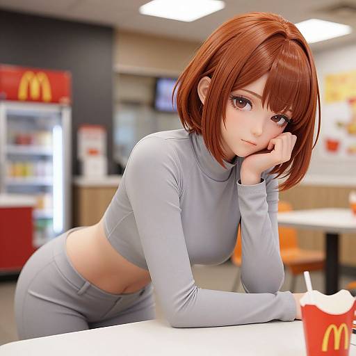 Digital anime-style illustration of a cute, brown-haired girl in a light gray crop top and pants, leaning on a McDonald's table. She has large