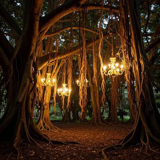 Photograph of a forest at night with hanging chandeliers amidst tall, twisted trees, illuminated by warm, yellow light.