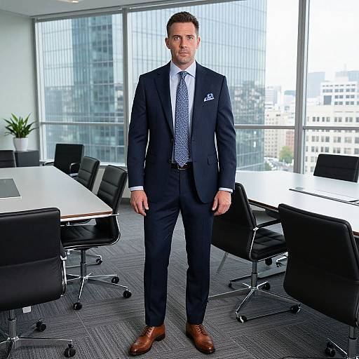 Photograph of a handsome, serious-looking man in a dark navy suit, white shirt, polka-dot tie, and brown leather shoes, standing in