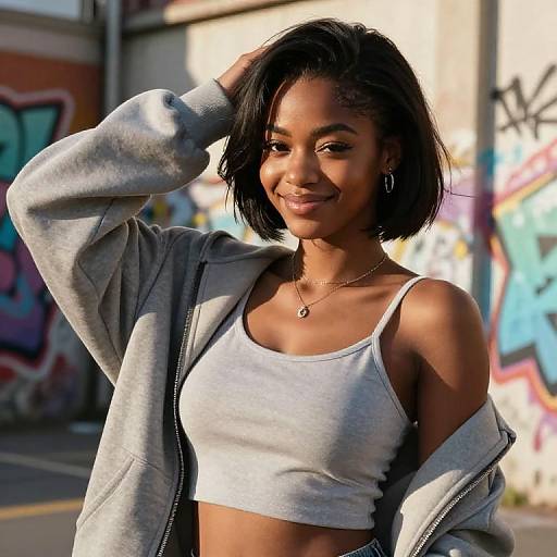 Photograph of a smiling Black woman with short black hair, wearing a gray zip-up hoodie and white crop top, standing in an urban graffiti-laden