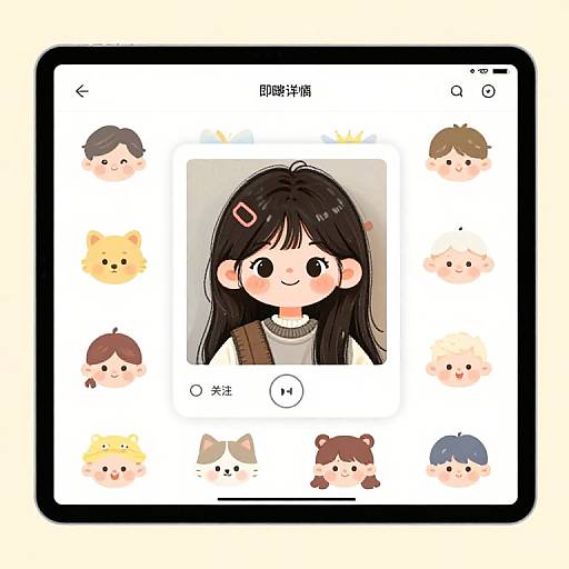 Digital illustration of a kawaii-style app interface featuring a central cute anime girl with black hair and pink hairclip, surrounded by chibi animal and human