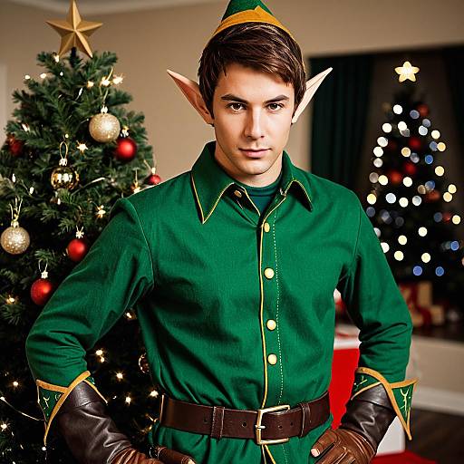 Man in Elf Costume by Christmas Tree
