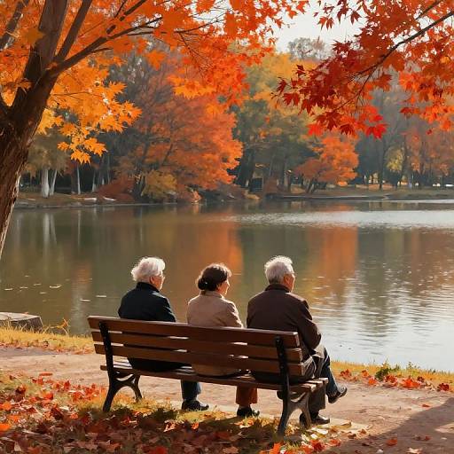 Photograph of three elderly people with white hair, sitting on a bench by a lake, surrounded by vibrant autumn leaves.