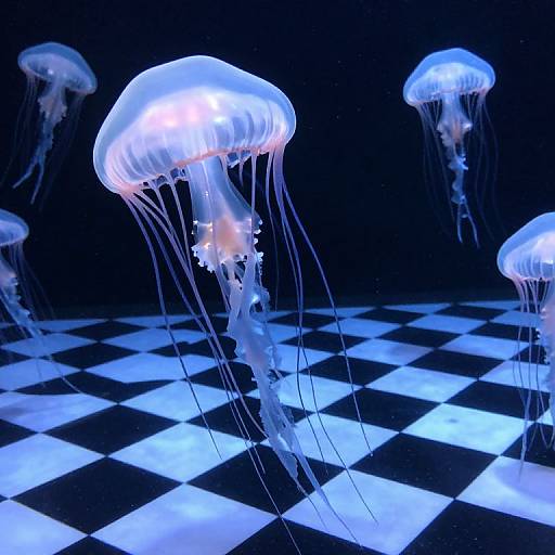 Photograph of glowing blue jellyfish floating above a black-and-white checkered floor against a dark background.
