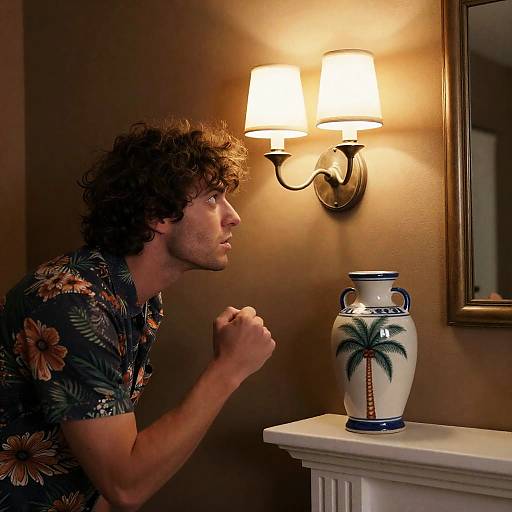 Intense Man in Floral Shirt Under Lights