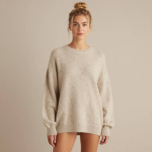 Young Woman in Oversized Beige Cashmere Sweater