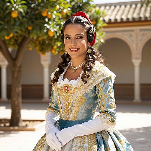 Photograph of a smiling woman with dark hair in braids, wearing a blue and gold Renaissance-style dress, white gloves, red headband, and