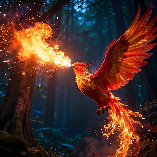 Digital artwork of a fiery red phoenix in mid-flight, shooting a bright, explosive flame from its beak in a dark, misty forest.