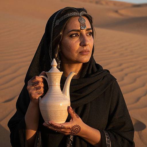 Photograph of a South Asian woman in traditional black attire holding a white ceramic jug, set against a sunlit desert background.