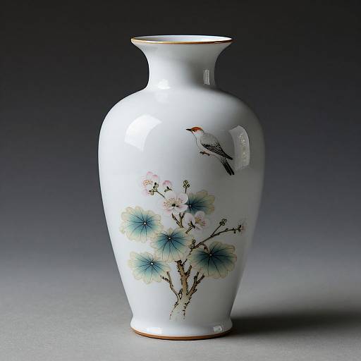 Photograph of an elegant white ceramic vase with a bird perched on its side, adorned with blue and green floral branches.