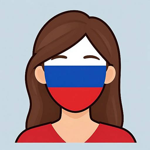 Digital illustration of a woman with long brown hair, white face, and Russian flag-colored mask (blue, red, white), wearing a red shirt.