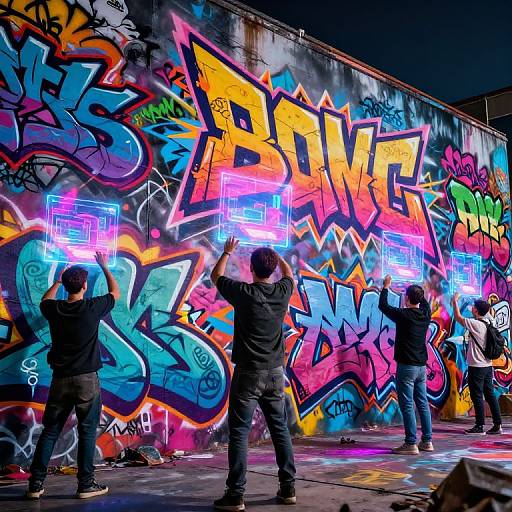 Photograph of five men in dark clothing, spray-painting vibrant, neon-colored graffiti on a large, urban wall at night.