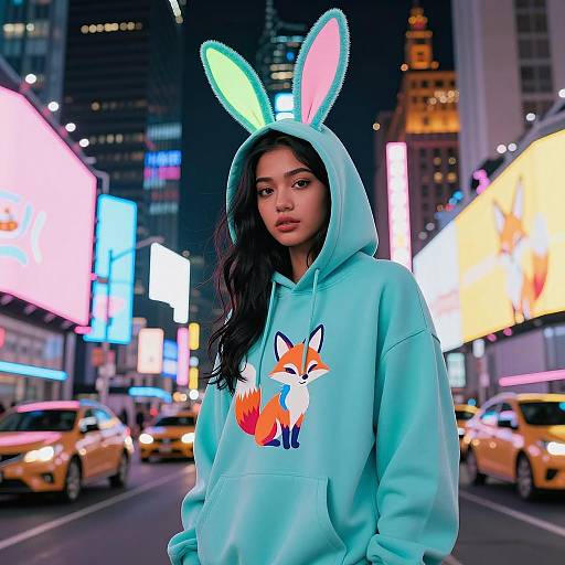 Young Woman in Turquoise Hoodie with Neon Bunny Ears in Neon City